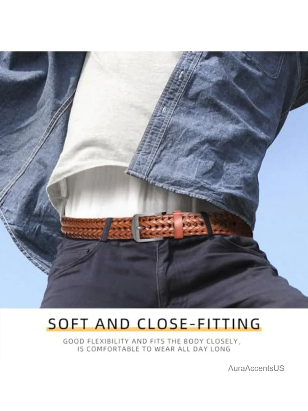 Men's Braided Leather Belt, Fully Adjustable Casual Woven Belt with Metal Buckle